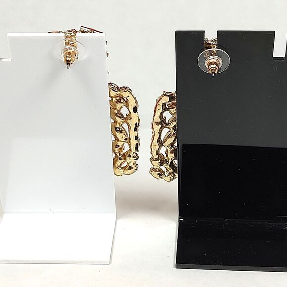 Gold Tone Metal Red Plastic Rhinestone Opulent Chandelier Earrings Square Drop - Picture 5 of 16